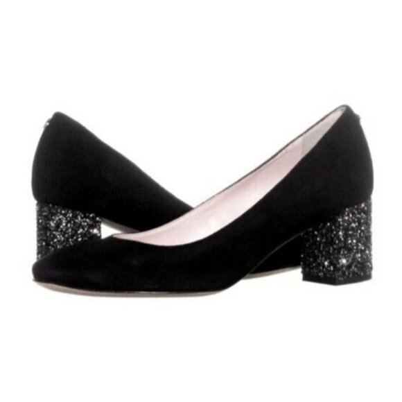 Kate Spade Dolores Black Suede Glitter Block Heel Pumps, size 6.5 - Picture 1 of 13
